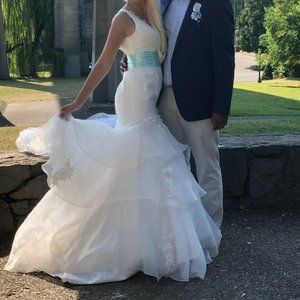 Trumpet Ruffles white baby blue sash Wedding Dress